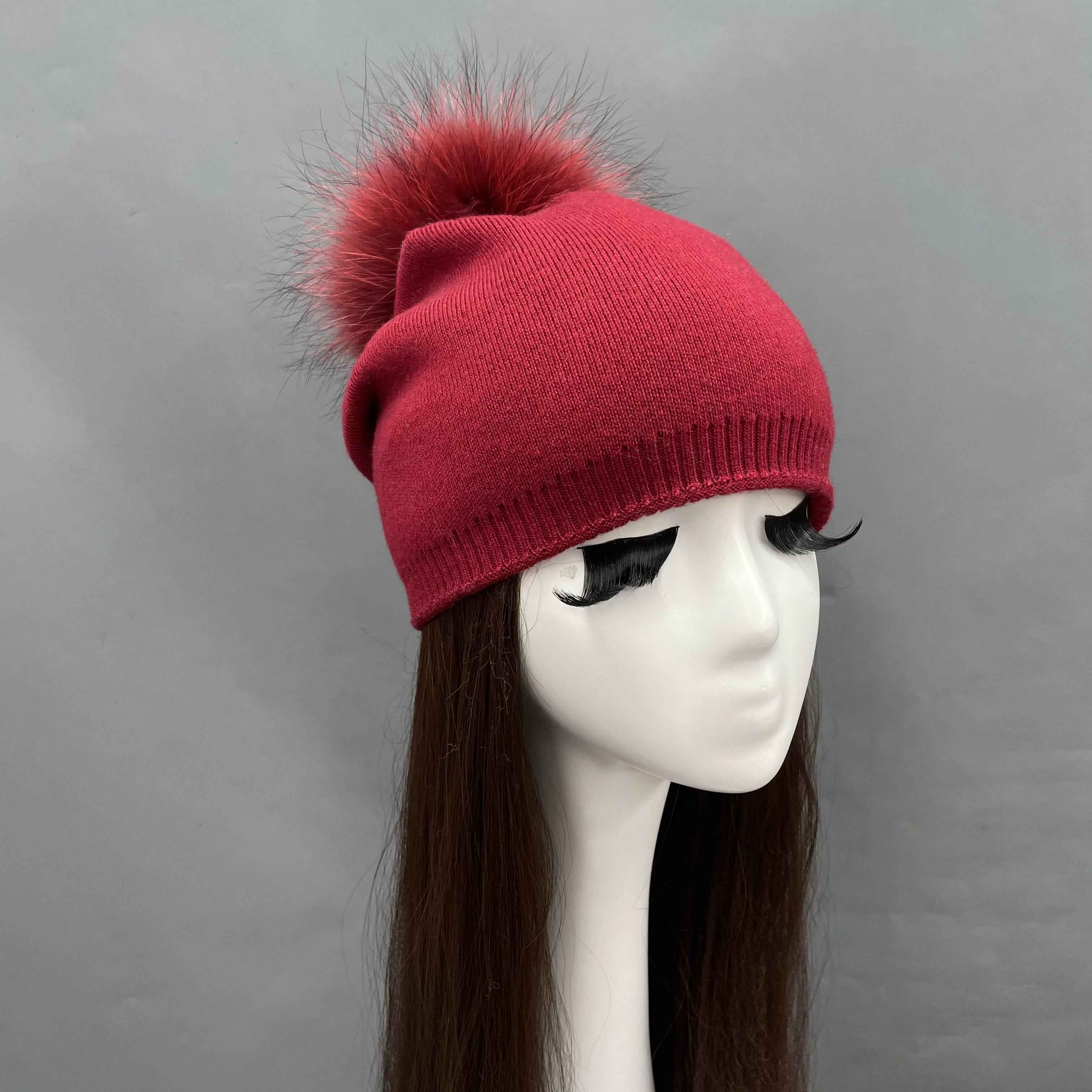 Fashion New Design Women's High-Quality Warm Wool Beanie Hat With Real Raccoon Fur Pom Pom #4 Wine Adult
