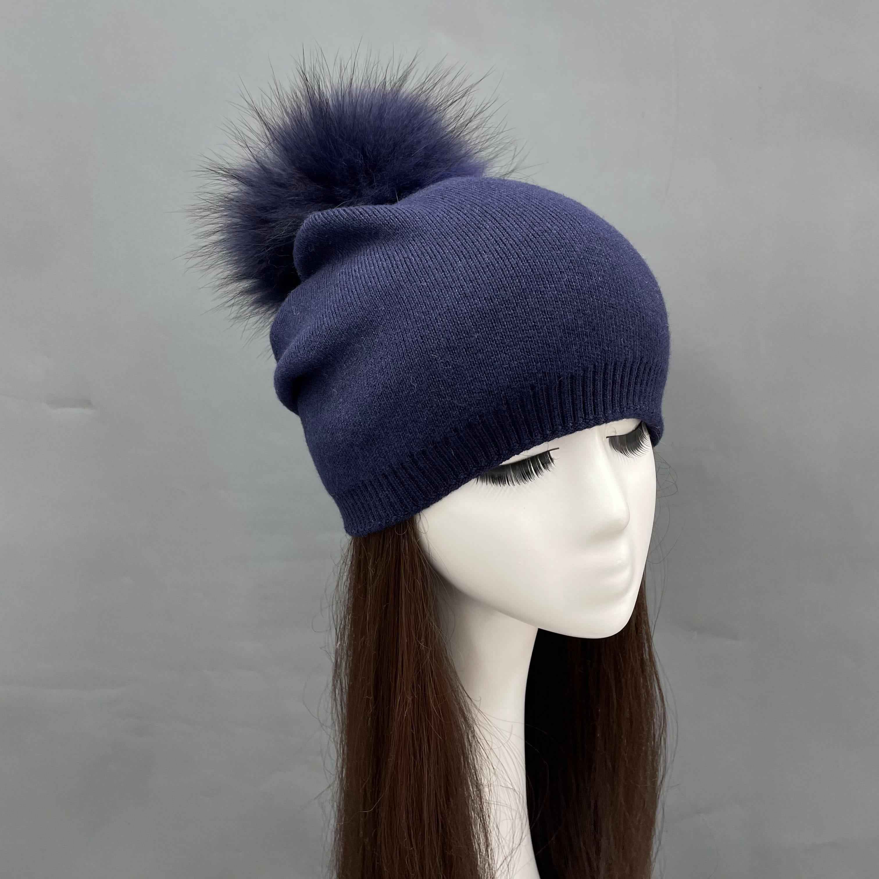 Fashion New Design Women's High-Quality Warm Wool Beanie Hat With Real Raccoon Fur Pom Pom #5 Navy Adult