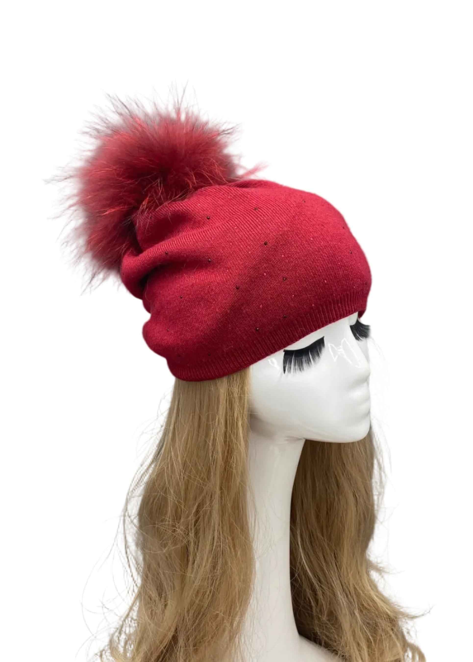 Janefur Ladies' Soft Wool Beanie Hat Decorated With Rhinestones #1 Red (With Small Rhinestones) Adult