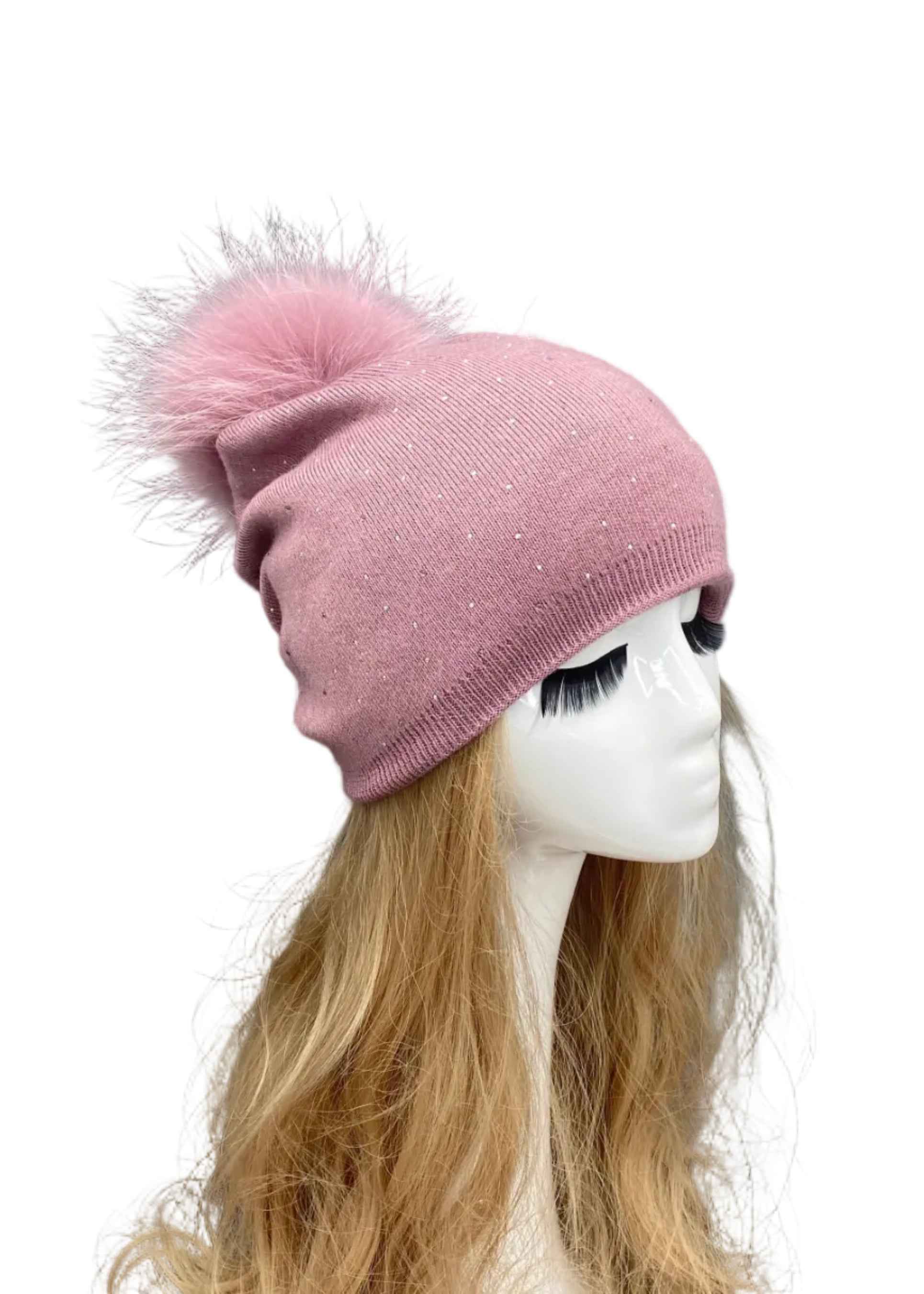 Janefur Ladies' Soft Wool Beanie Hat Decorated With Rhinestones #2 Pink (With Small Rhinestones) Adult