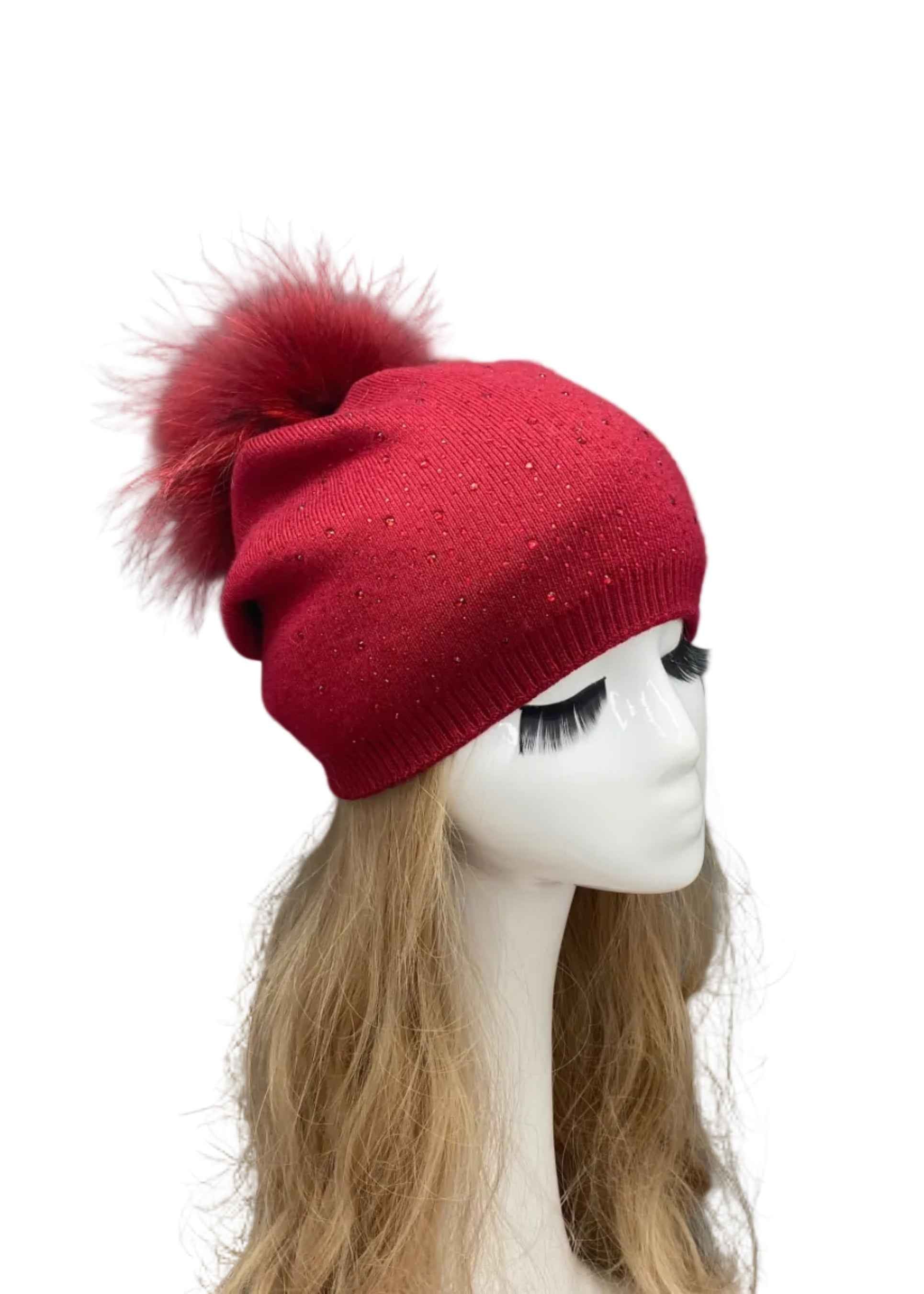 Janefur Ladies' Soft Wool Beanie Hat Decorated With Rhinestones #4 Red (With Big Rhinestones) Adult