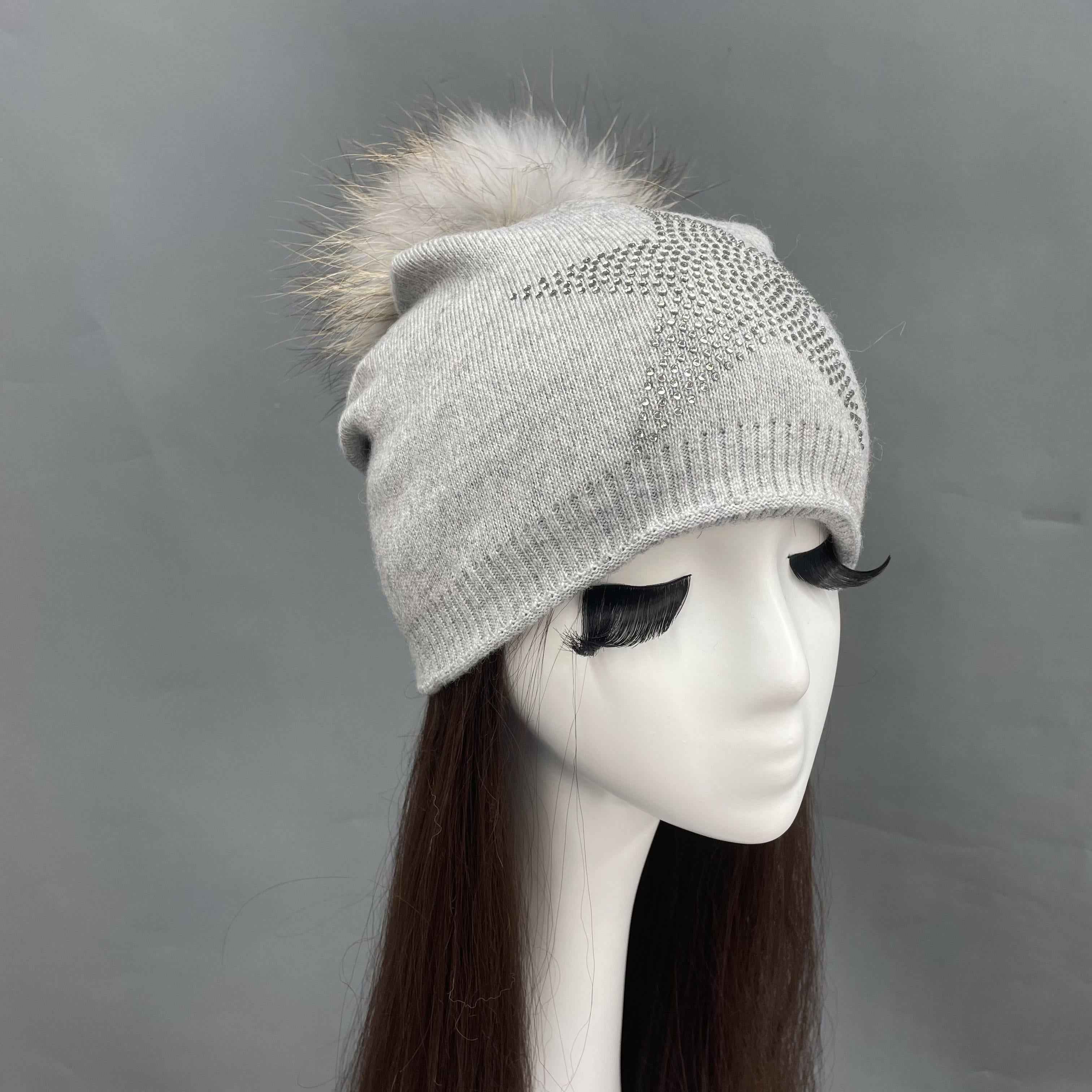 Janefur Rhinestone Big Pentagram Decorative Women's Wool Beanie Hat #1 Light Gray Adult