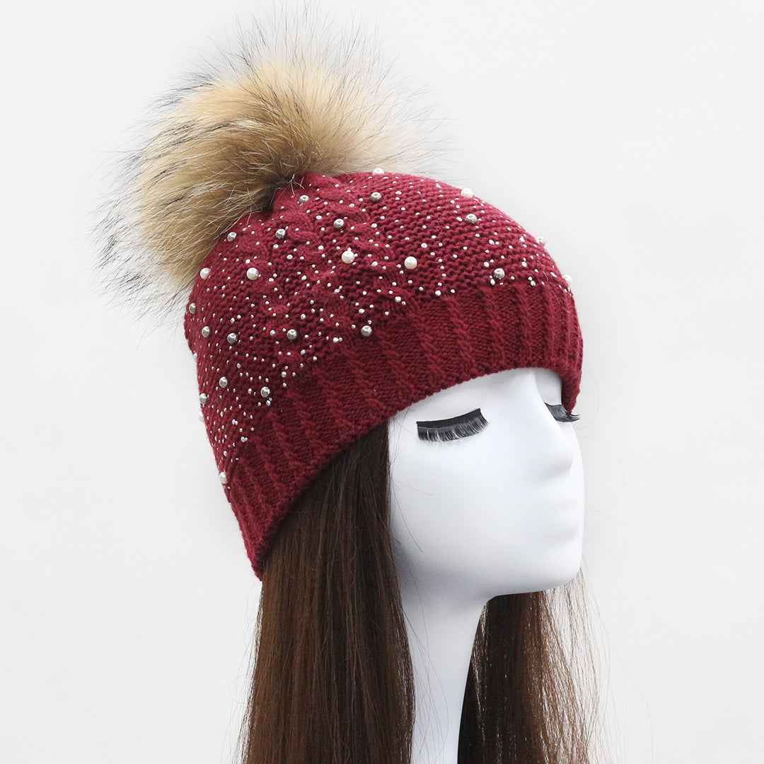 Exquisite Pearl Decoration Women's Wool Beanie Hat With Real Raccoon Fur Pom Pom #1 Wine Adult