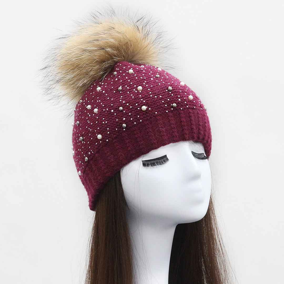 Exquisite Pearl Decoration Women's Wool Beanie Hat With Real Raccoon Fur Pom Pom #2 Magenta Adult