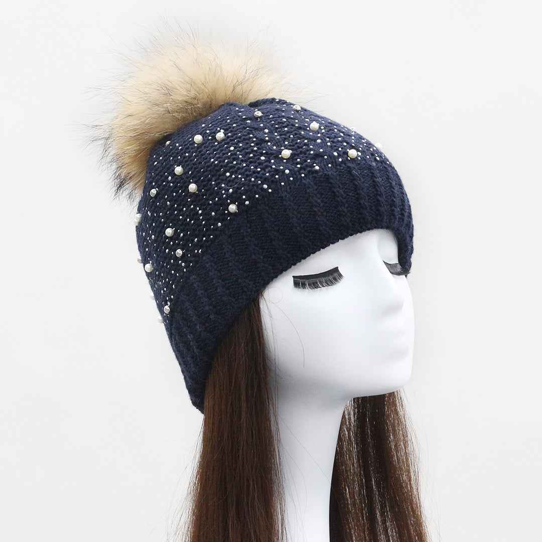 Exquisite Pearl Decoration Women's Wool Beanie Hat With Real Raccoon Fur Pom Pom #3 Dark Blue Adult