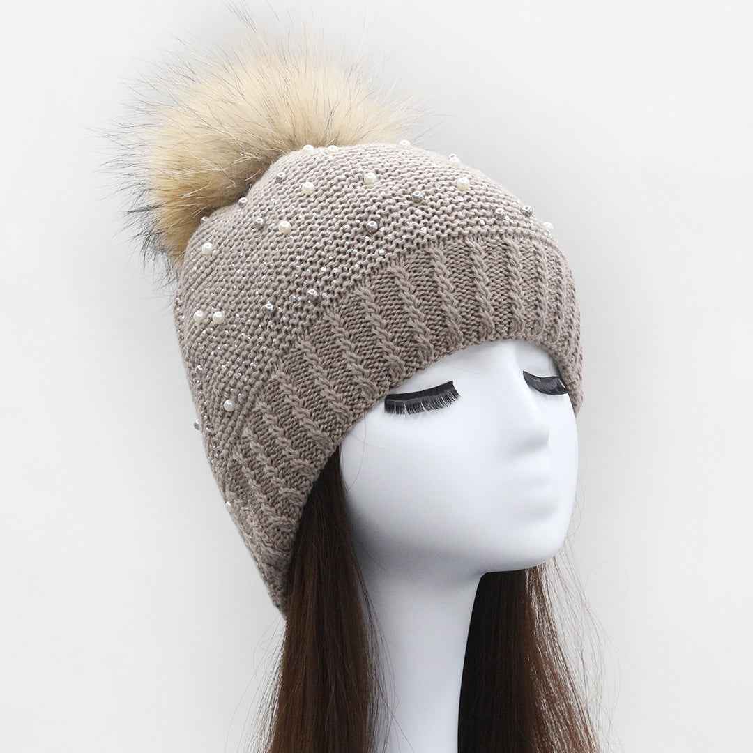 Exquisite Pearl Decoration Women's Wool Beanie Hat With Real Raccoon Fur Pom Pom #4 Milk Tea Color Adult