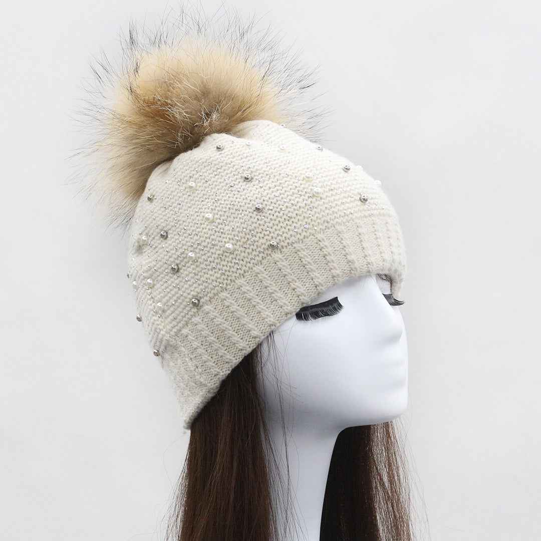 Exquisite Pearl Decoration Women's Wool Beanie Hat With Real Raccoon Fur Pom Pom #5 Off-White Adult