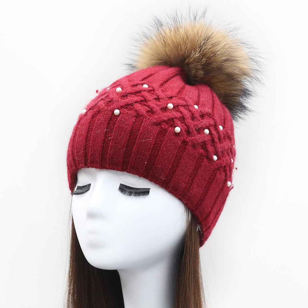 Ladies' Cross Vertical Striped Wool Beanie Hat With Pearls #1 Red Adult