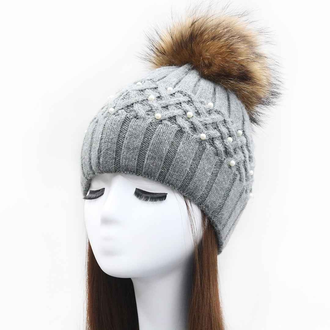 Ladies' Cross Vertical Striped Wool Beanie Hat With Pearls #2 Gray Adult