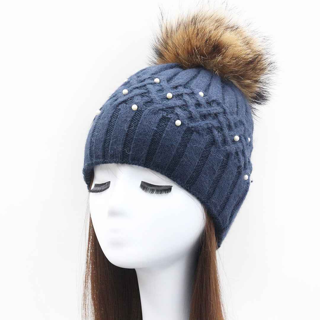 Ladies' Cross Vertical Striped Wool Beanie Hat With Pearls #3 Dark Blue Adult