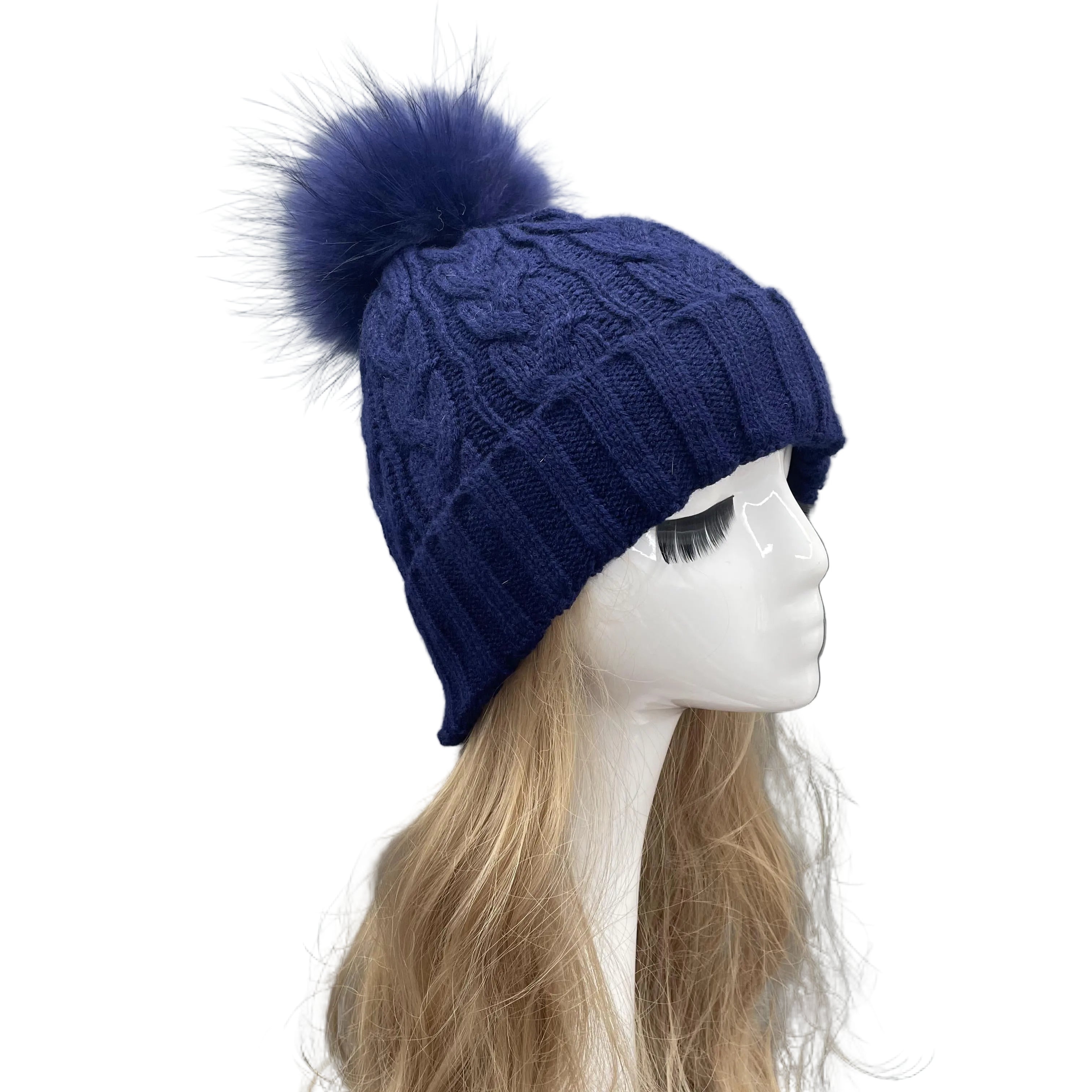 Classic Simple Women's Fried Dough Twists Pattern Knitted Hat With Real Raccoon Fur Pom Pom #1 Dark Blue Adult