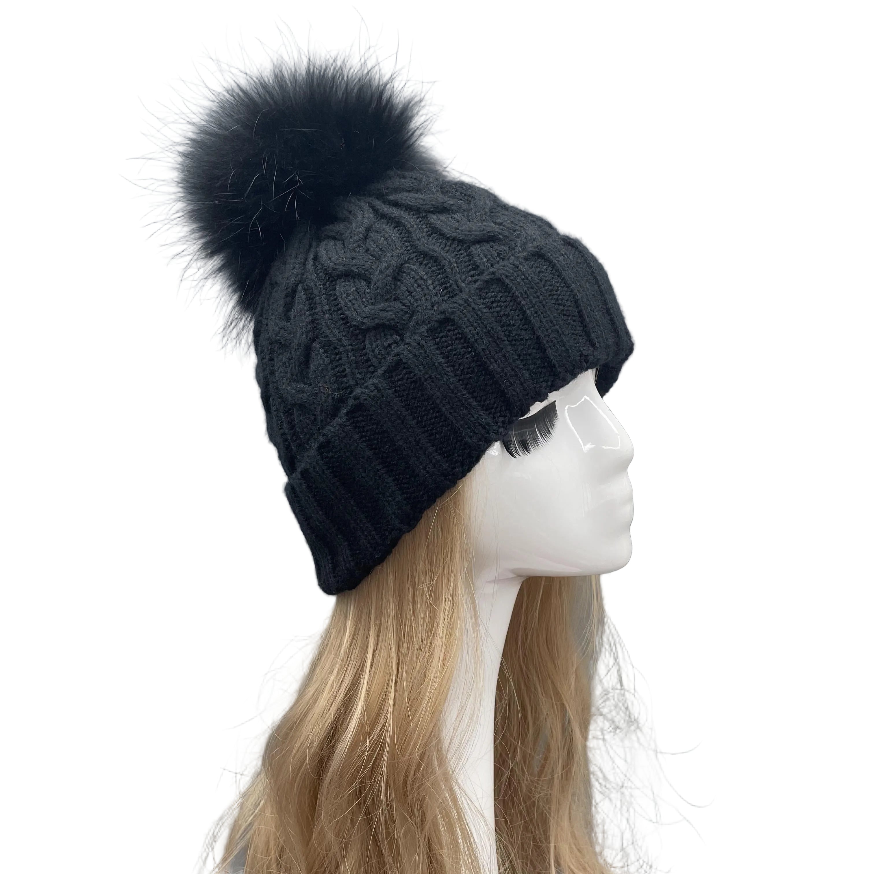 Classic Simple Women's Fried Dough Twists Pattern Knitted Hat With Real Raccoon Fur Pom Pom #2 Black Adult