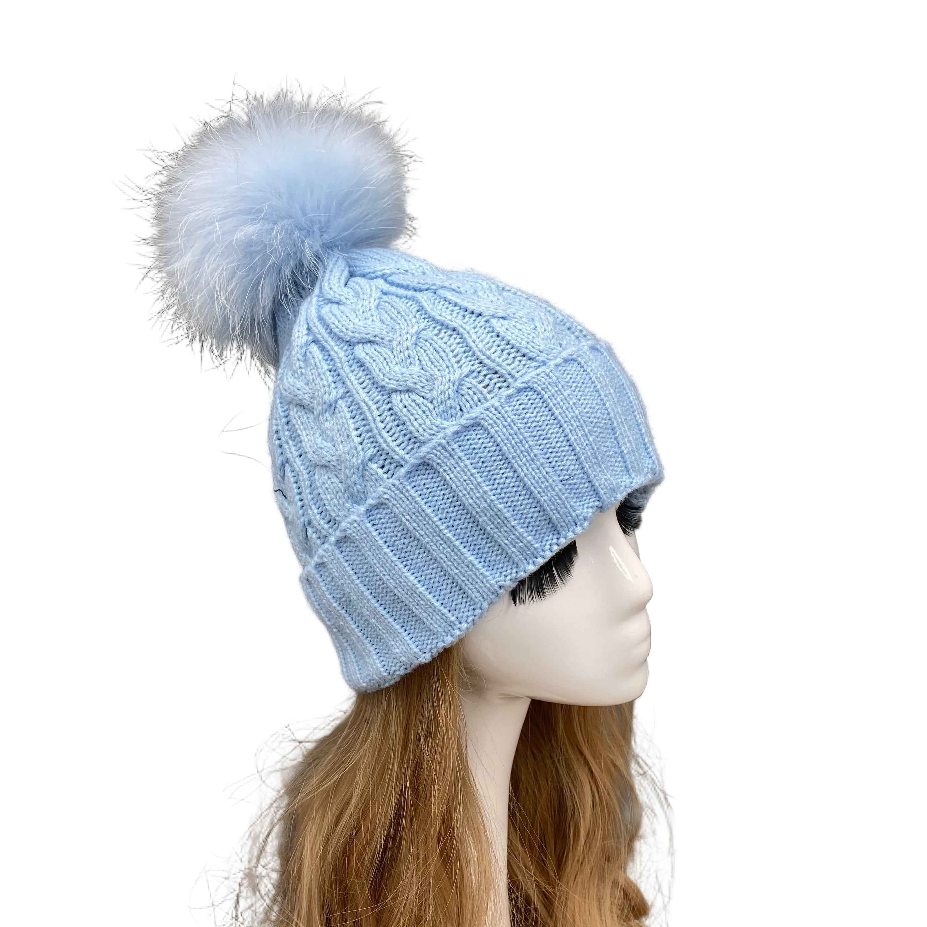 Classic Simple Women's Fried Dough Twists Pattern Knitted Hat With Real Raccoon Fur Pom Pom