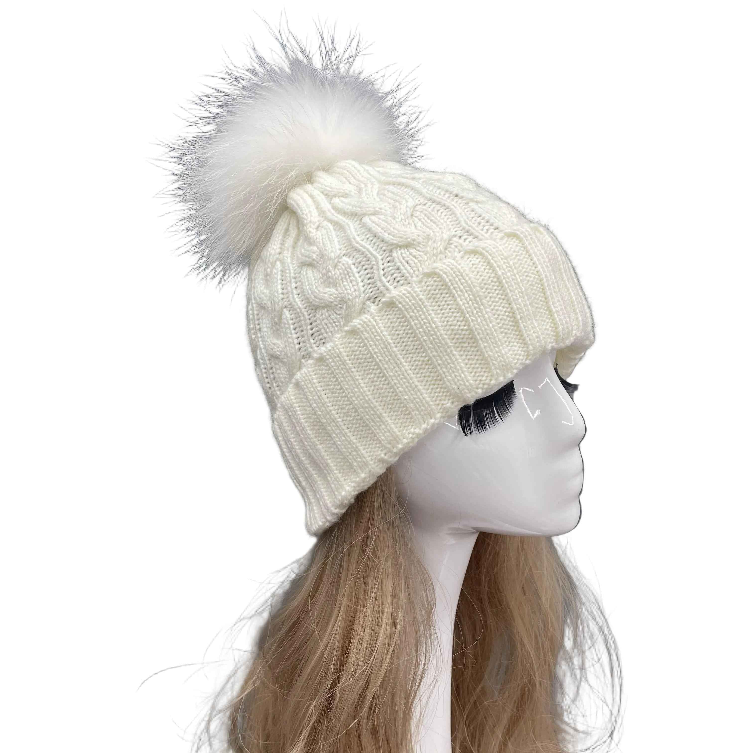Classic Simple Women's Fried Dough Twists Pattern Knitted Hat With Real Raccoon Fur Pom Pom
