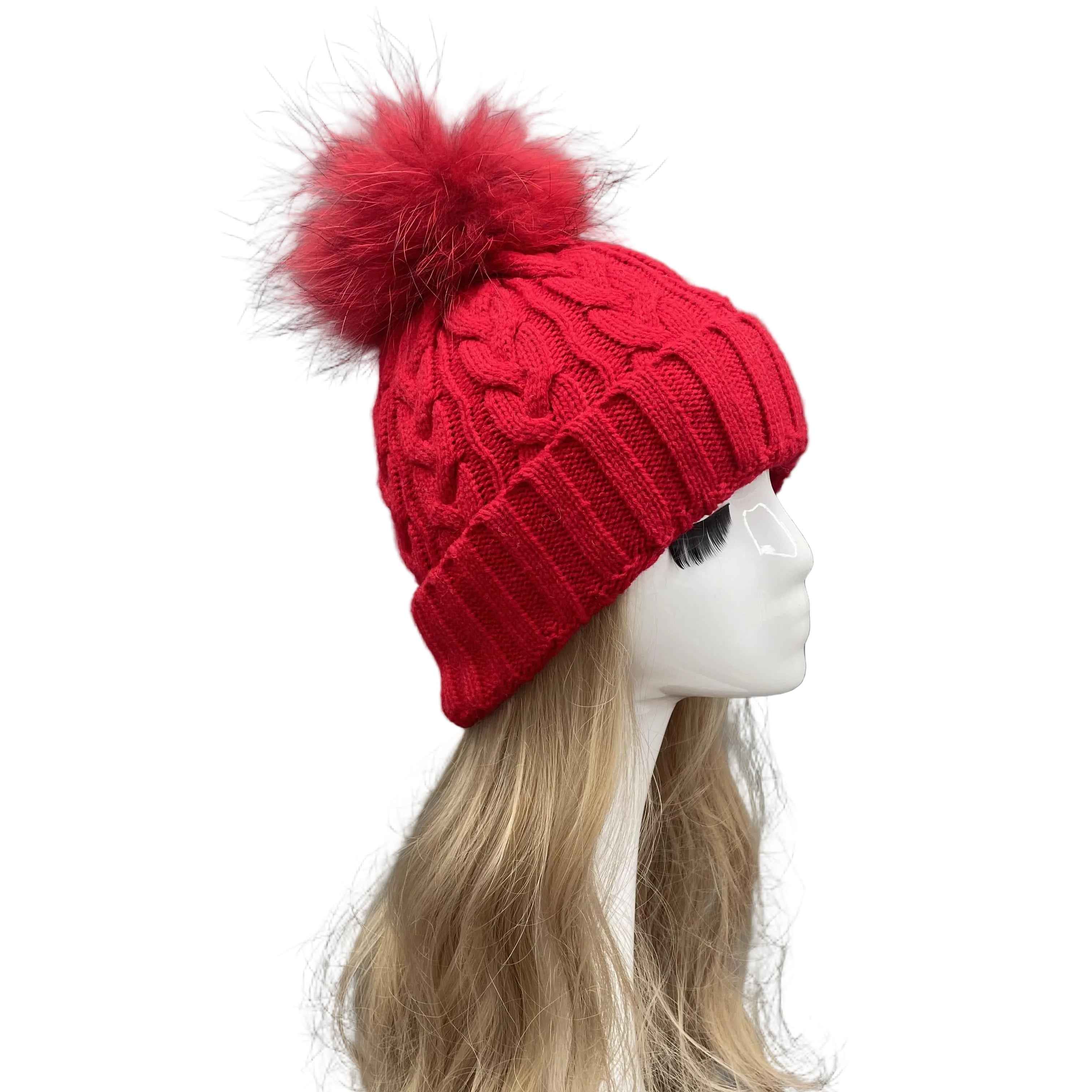 Classic Simple Women's Fried Dough Twists Pattern Knitted Hat With Real Raccoon Fur Pom Pom