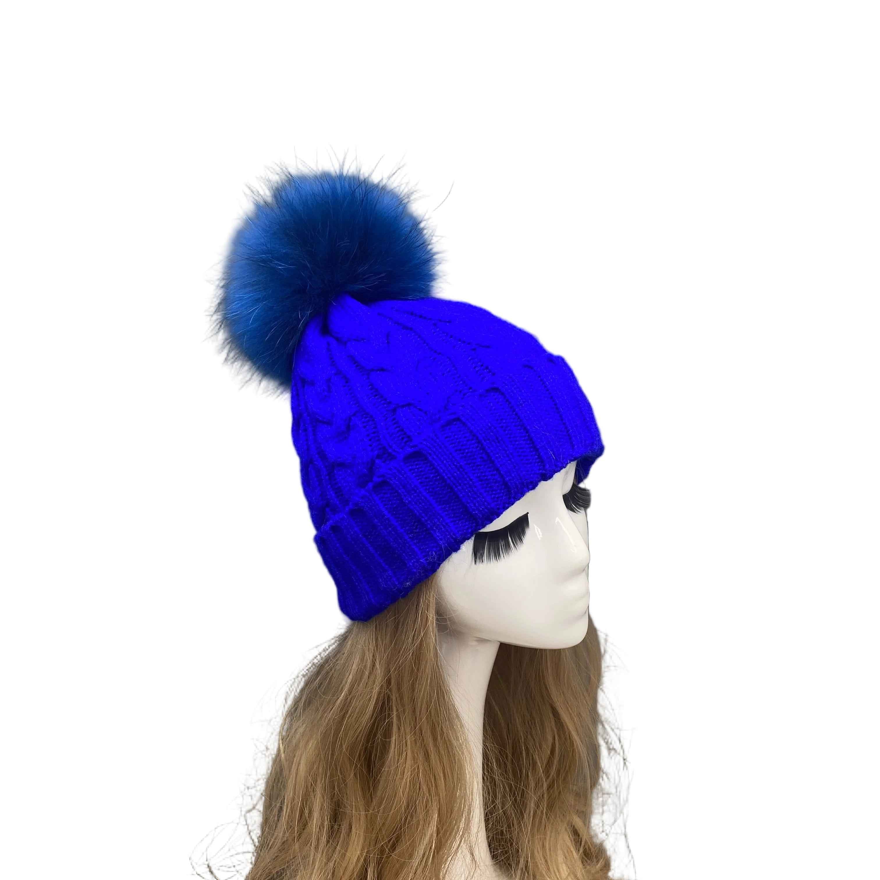 Classic Simple Women's Fried Dough Twists Pattern Knitted Hat With Real Raccoon Fur Pom Pom