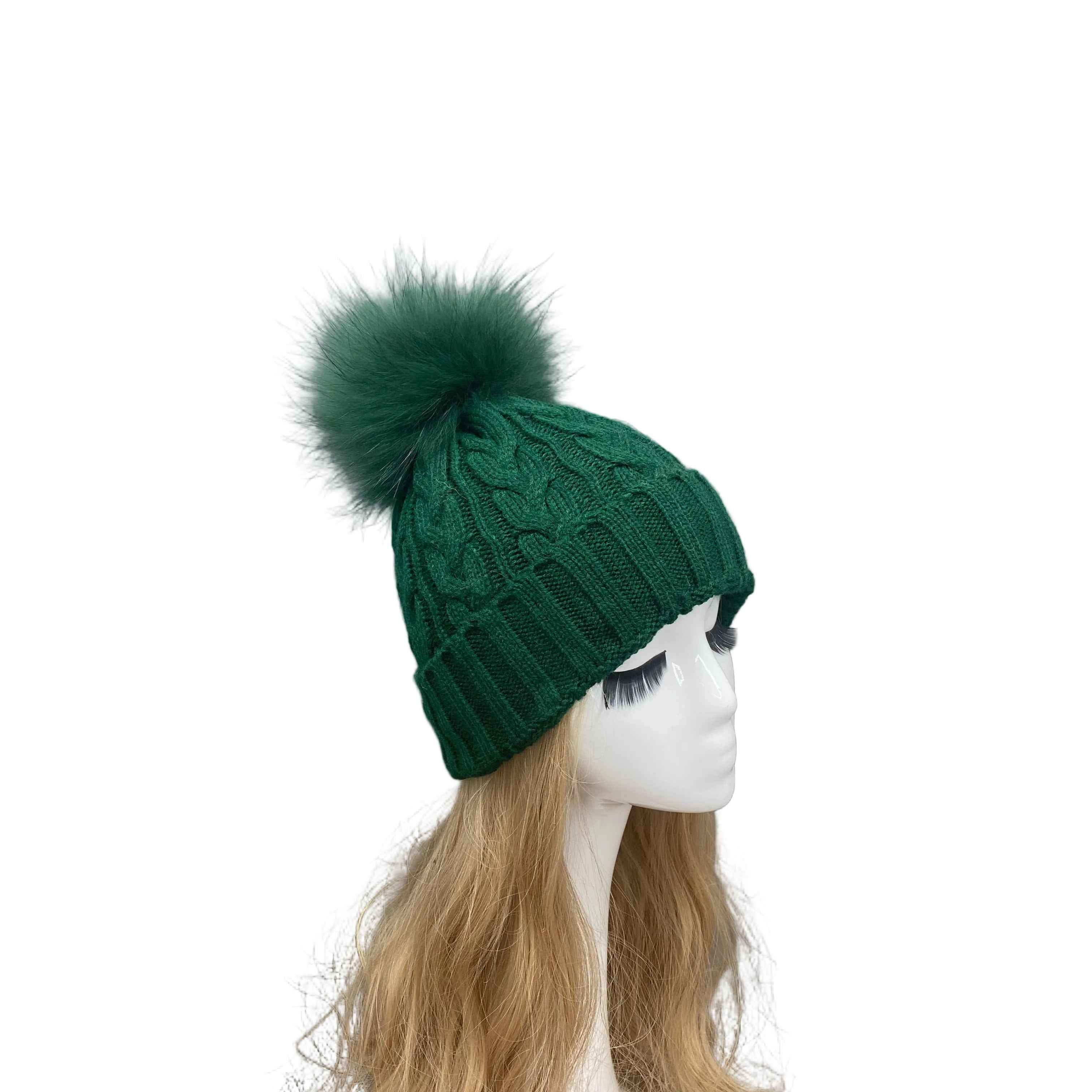 Classic Simple Women's Fried Dough Twists Pattern Knitted Hat With Real Raccoon Fur Pom Pom