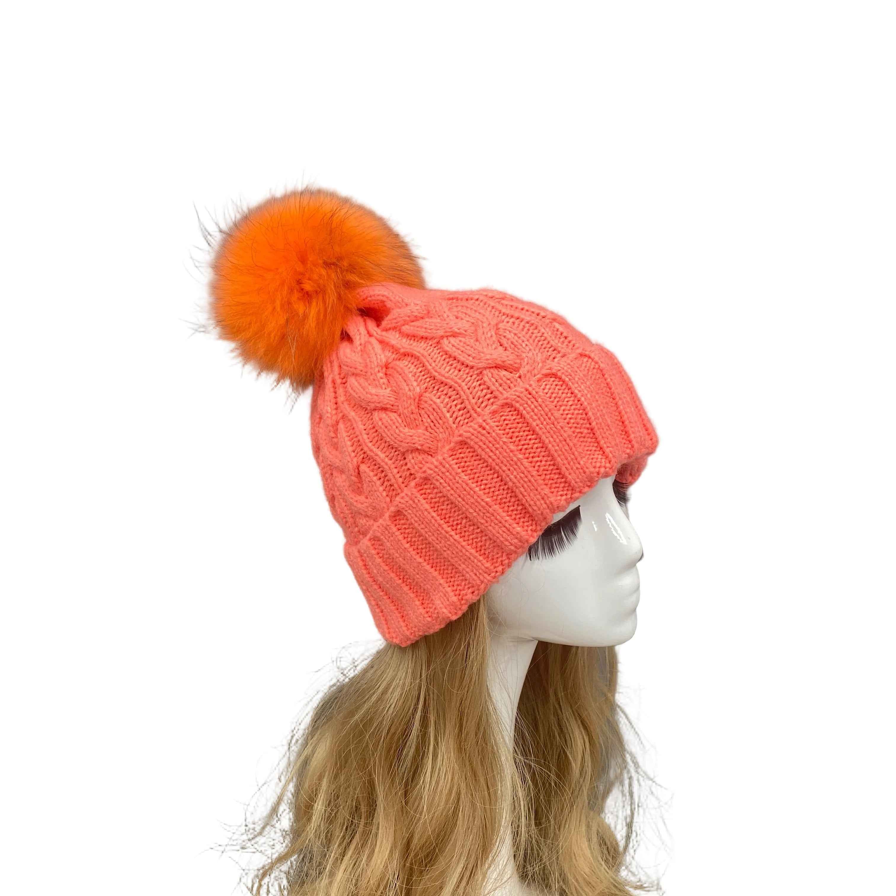 Classic Simple Women's Fried Dough Twists Pattern Knitted Hat With Real Raccoon Fur Pom Pom