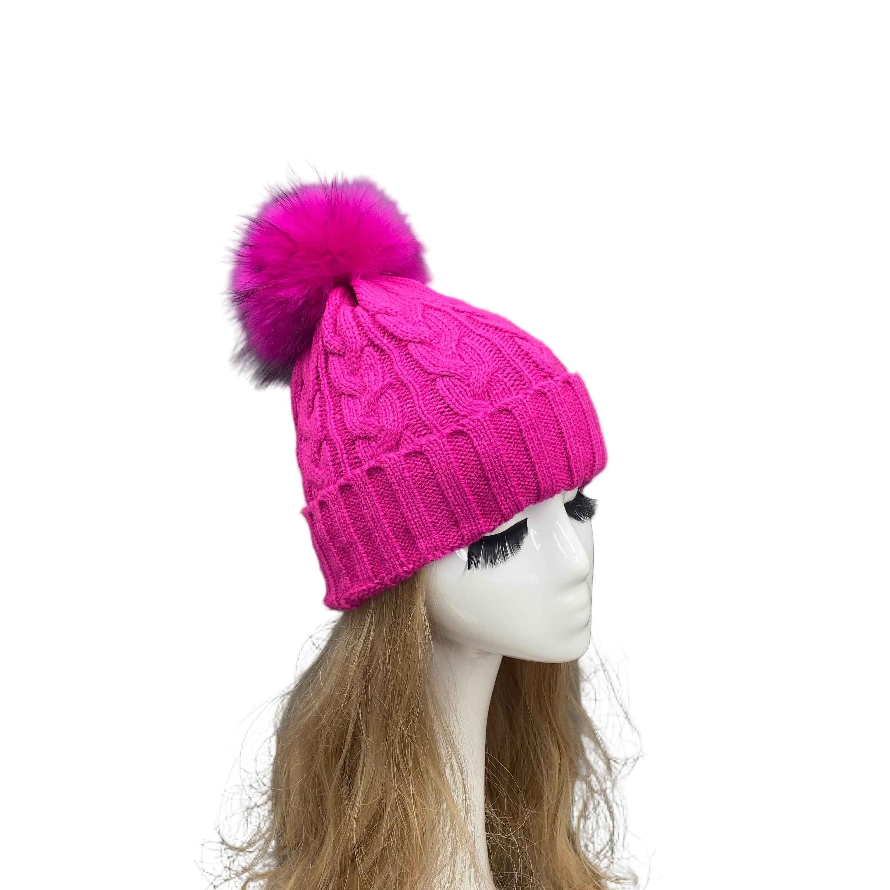 Classic Simple Women's Fried Dough Twists Pattern Knitted Hat With Real Raccoon Fur Pom Pom