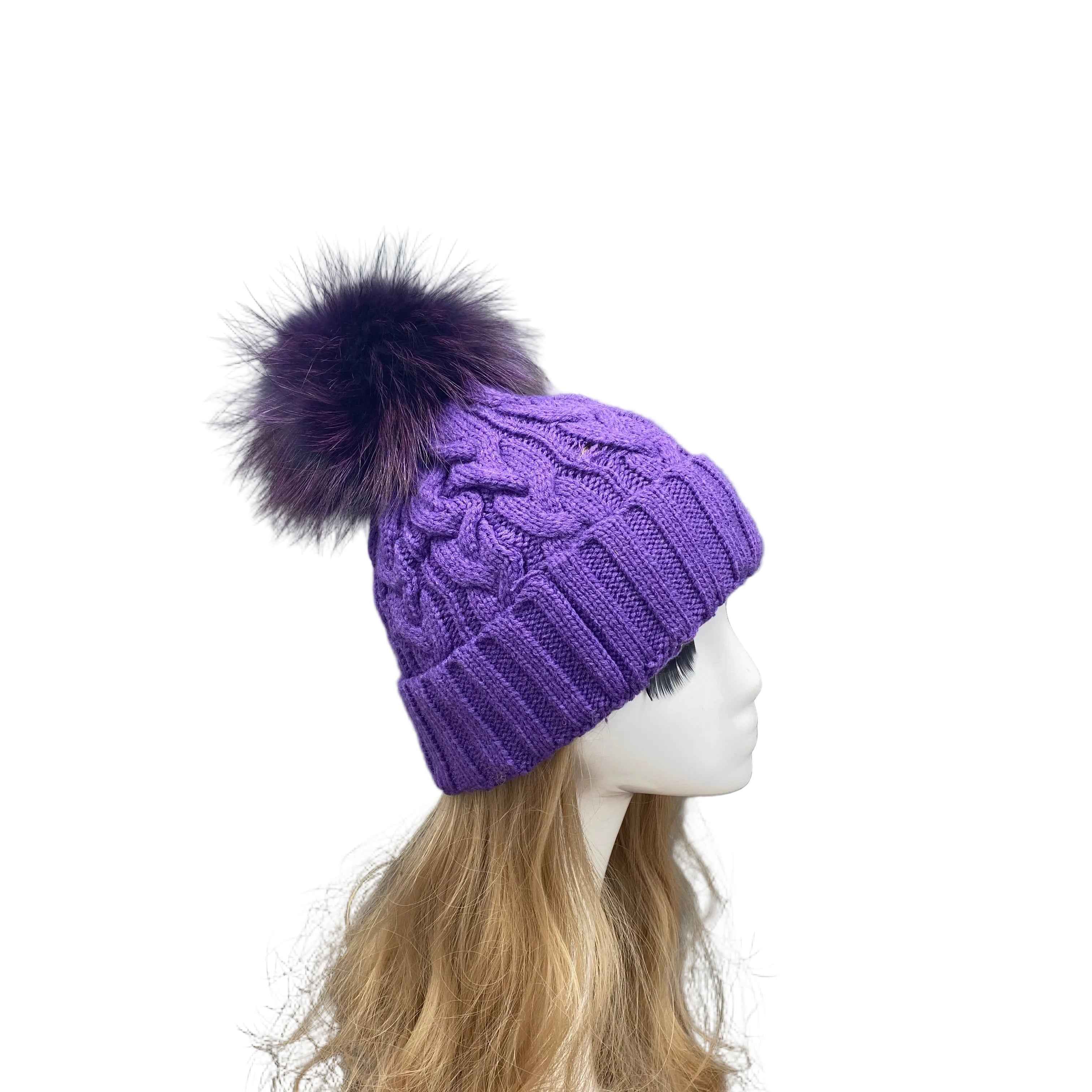 Classic Simple Women's Fried Dough Twists Pattern Knitted Hat With Real Raccoon Fur Pom Pom