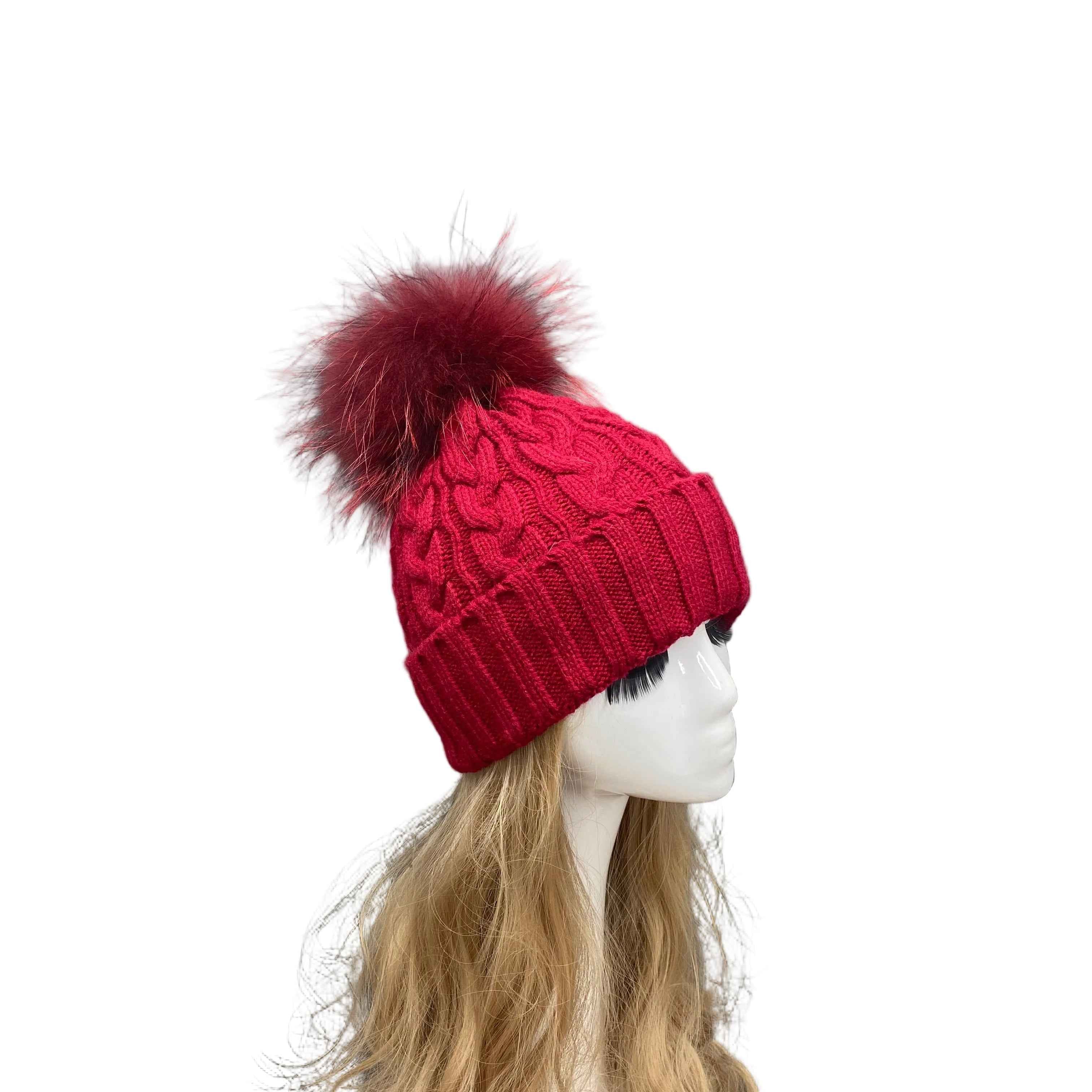 Classic Simple Women's Fried Dough Twists Pattern Knitted Hat With Real Raccoon Fur Pom Pom