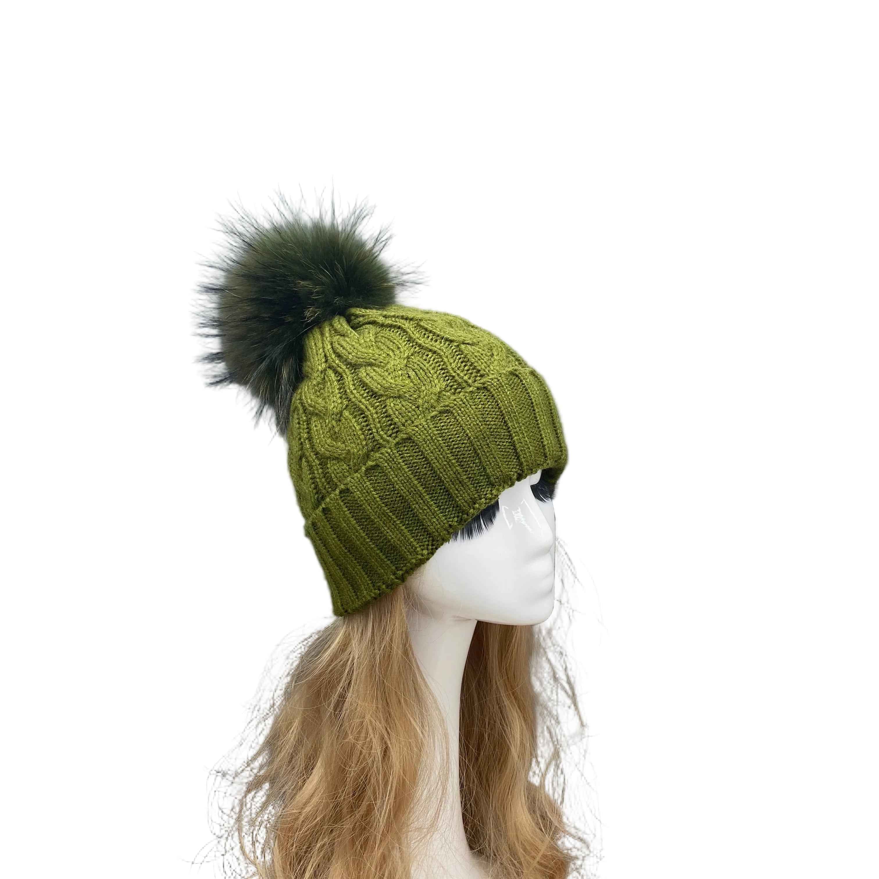 Classic Simple Women's Fried Dough Twists Pattern Knitted Hat With Real Raccoon Fur Pom Pom