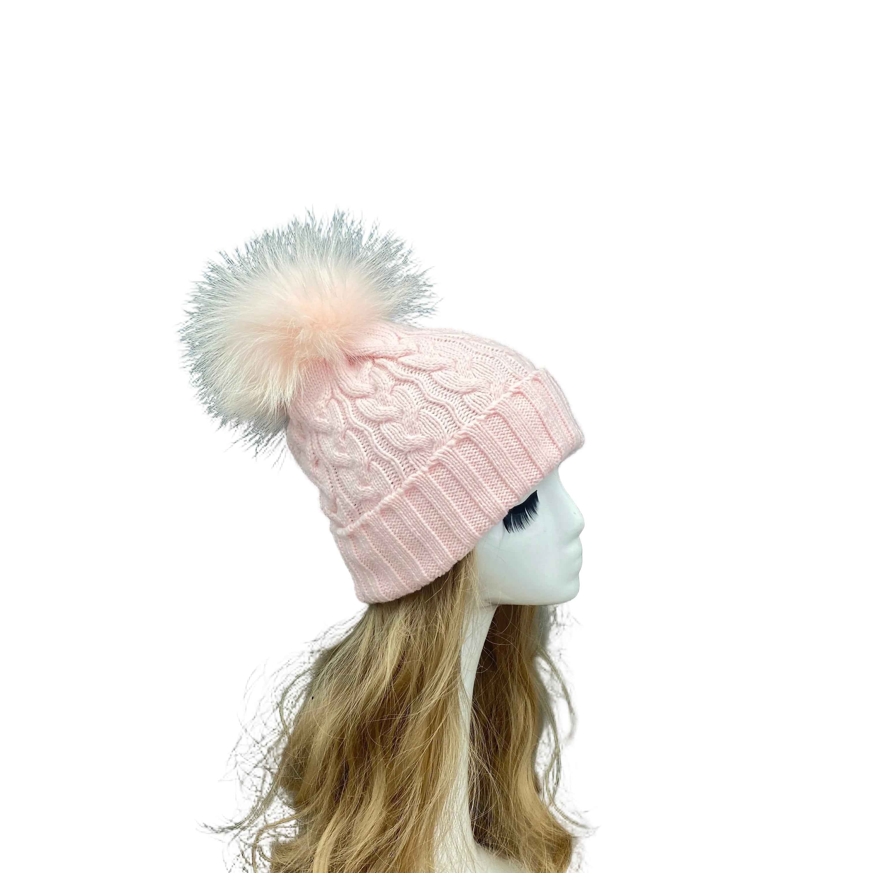 Classic Simple Women's Fried Dough Twists Pattern Knitted Hat With Real Raccoon Fur Pom Pom