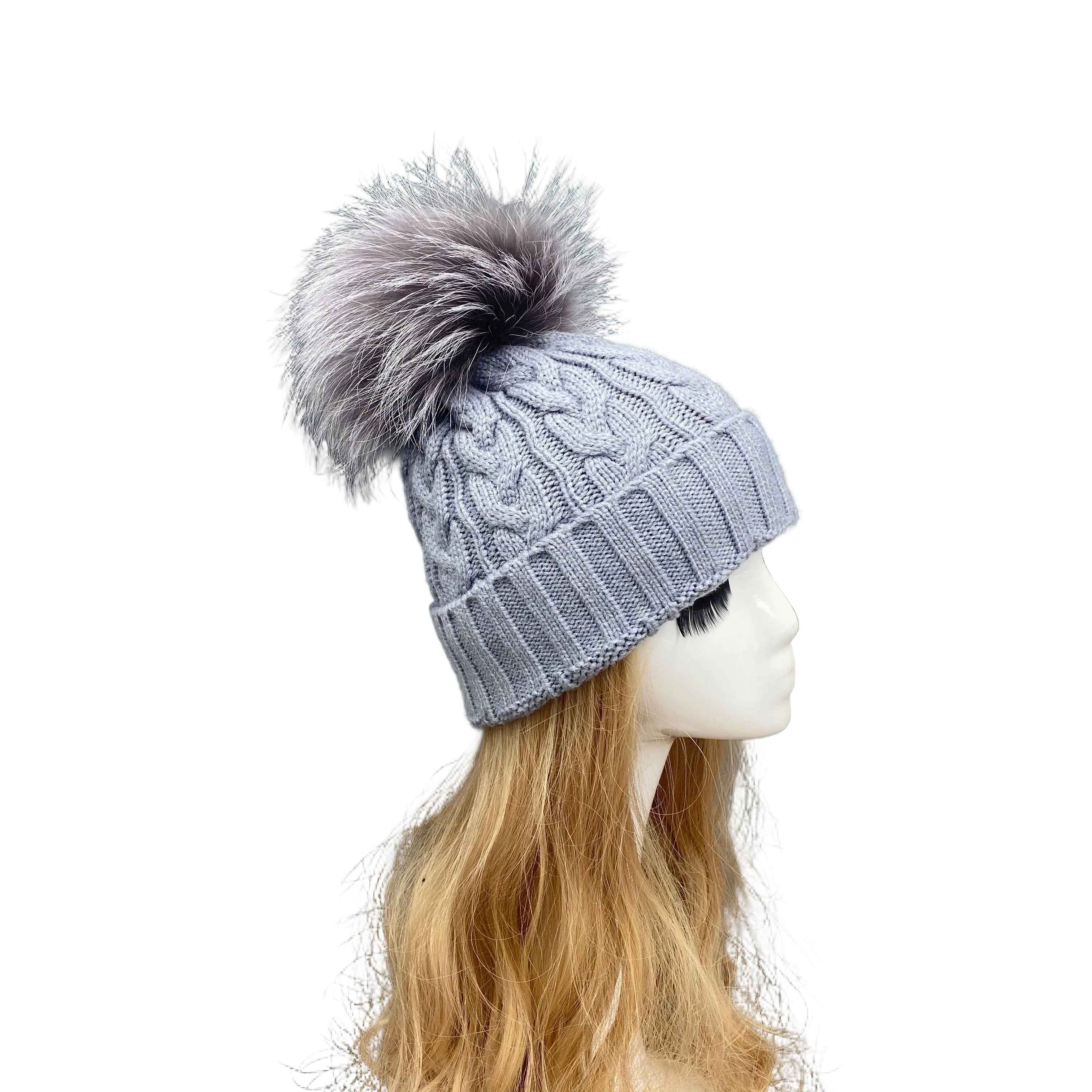Classic Simple Women's Fried Dough Twists Pattern Knitted Hat With Real Raccoon Fur Pom Pom