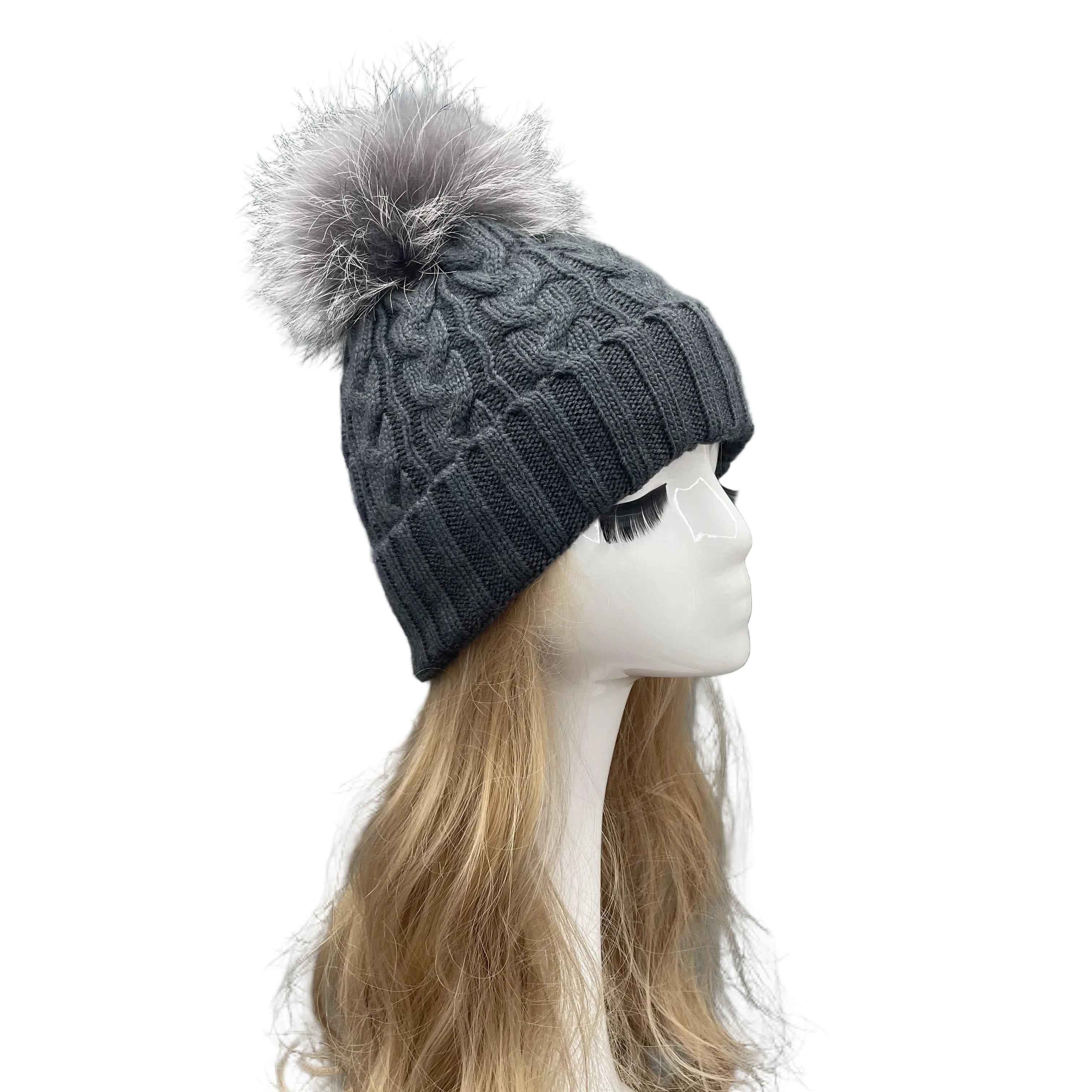 Classic Simple Women's Fried Dough Twists Pattern Knitted Hat With Real Raccoon Fur Pom Pom
