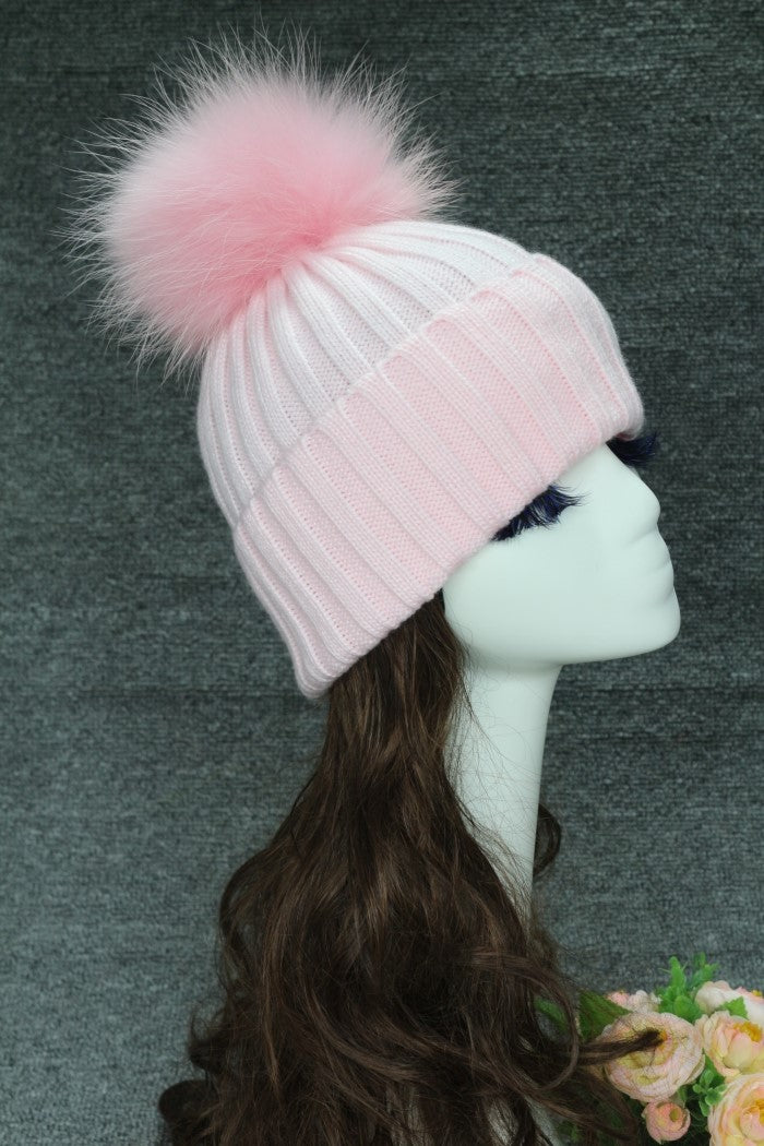 Ladies' Warm Elegant Vertical Striped Beanie Hat With Real Raccoon Fur Pom Pom #1 Light Pink Adult