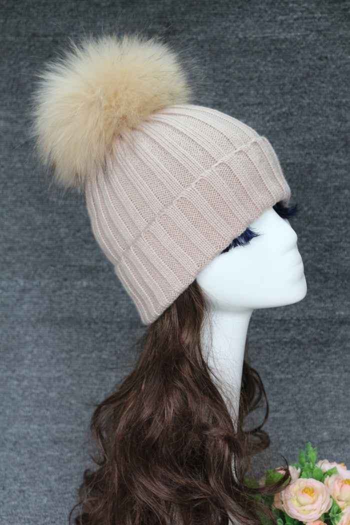 Ladies' Warm Elegant Vertical Striped Beanie Hat With Real Raccoon Fur Pom Pom