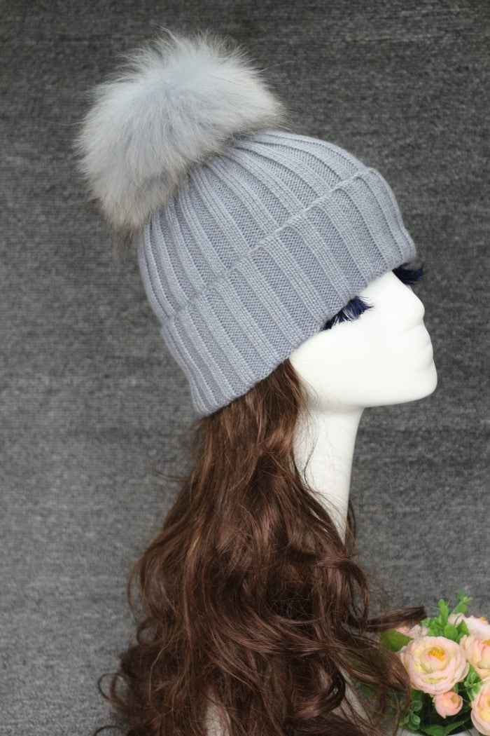 Ladies' Warm Elegant Vertical Striped Beanie Hat With Real Raccoon Fur Pom Pom