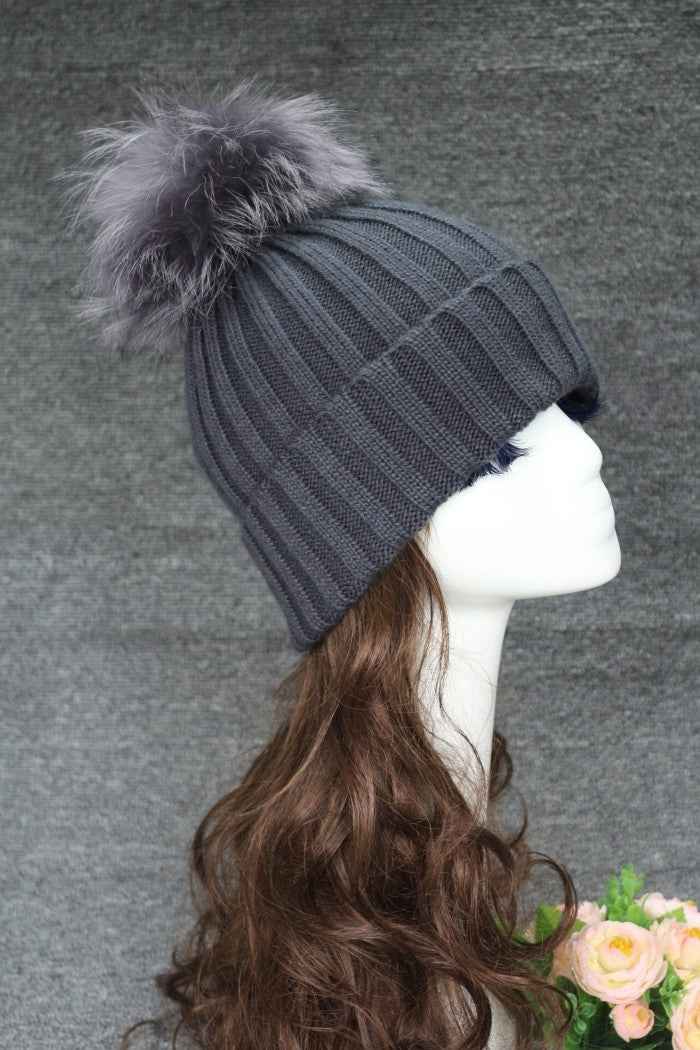 Ladies' Warm Elegant Vertical Striped Beanie Hat With Real Raccoon Fur Pom Pom