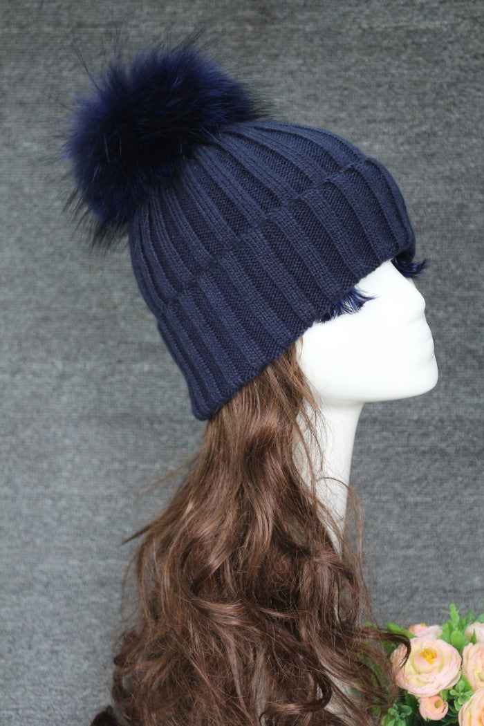 Ladies' Warm Elegant Vertical Striped Beanie Hat With Real Raccoon Fur Pom Pom