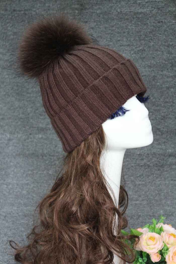Ladies' Warm Elegant Vertical Striped Beanie Hat With Real Raccoon Fur Pom Pom