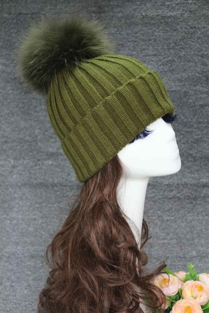 Ladies' Warm Elegant Vertical Striped Beanie Hat With Real Raccoon Fur Pom Pom