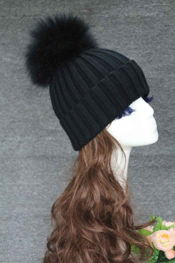 Ladies' Warm Elegant Vertical Striped Beanie Hat With Real Raccoon Fur Pom Pom