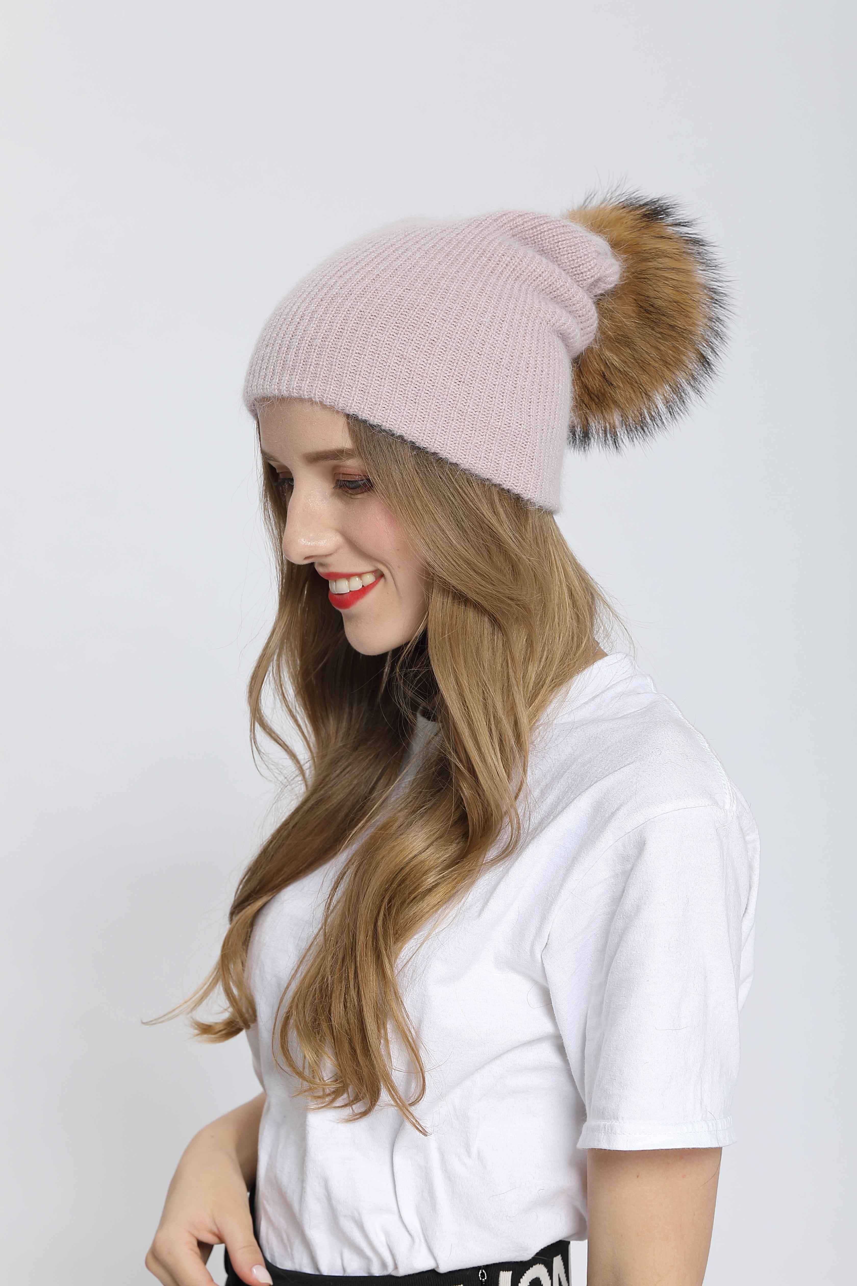 Real Raccoon Fur Pom Pom Women's Casual Warm Angora Beanie Hat