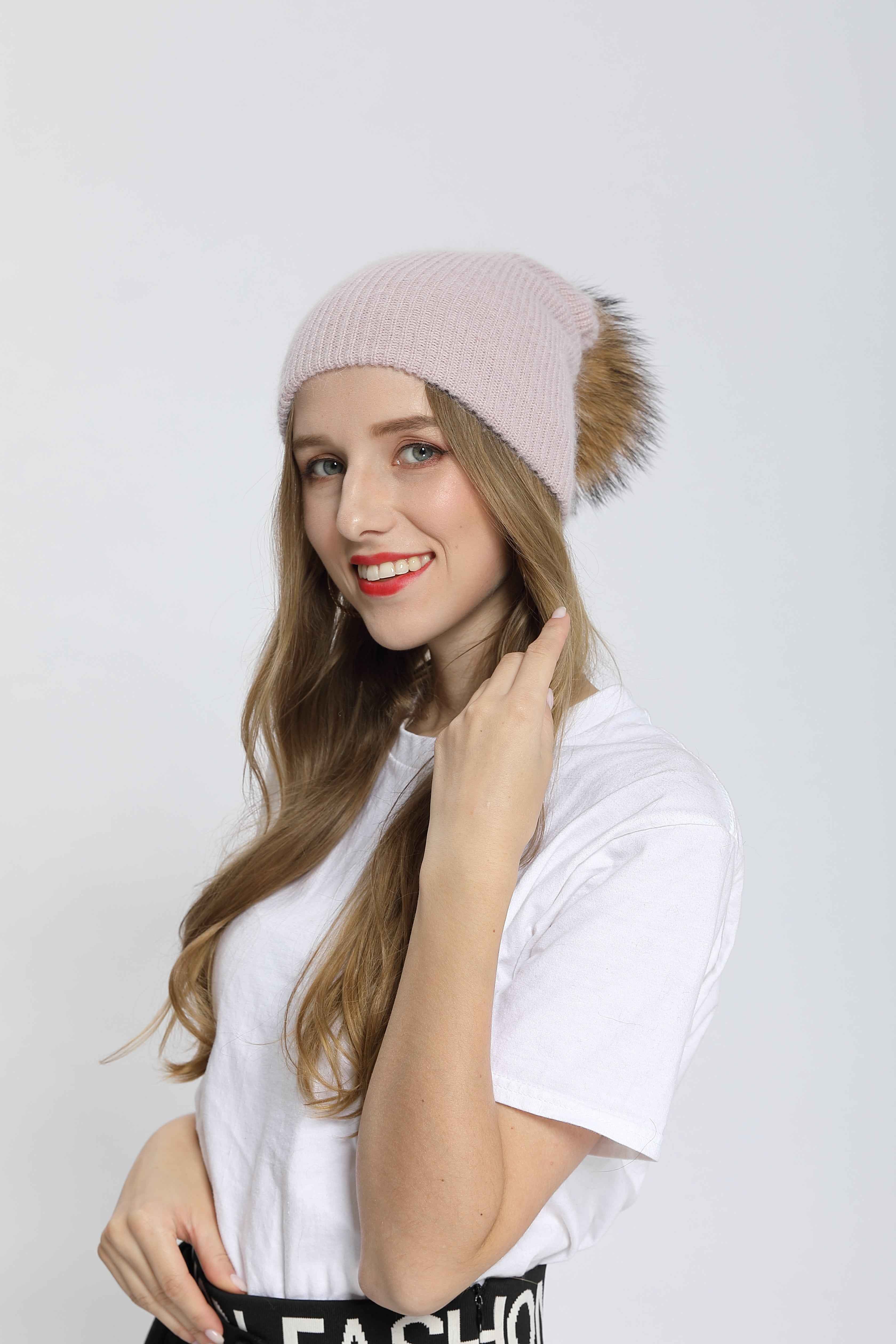 Real Raccoon Fur Pom Pom Women's Casual Warm Angora Beanie Hat #1 Dusty Pink Adult