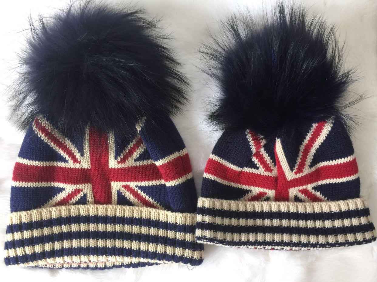 British Style Parent-Child Fur Pom Pom Acrylic Knitted Hat For Daily Wear