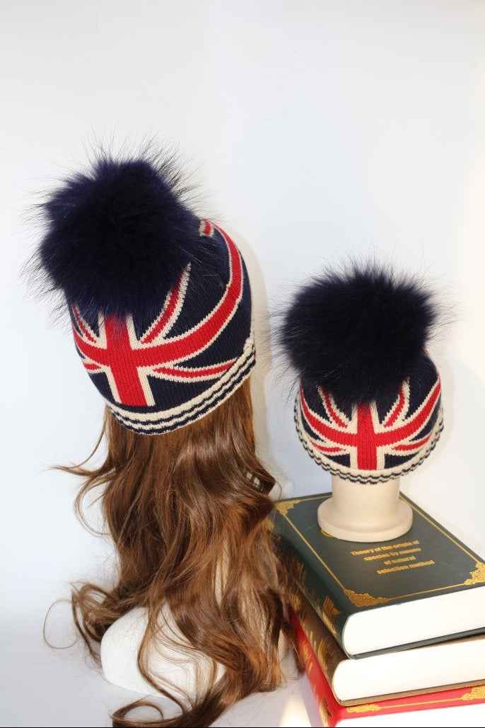 British Style Parent-Child Fur Pom Pom Acrylic Knitted Hat For Daily Wear