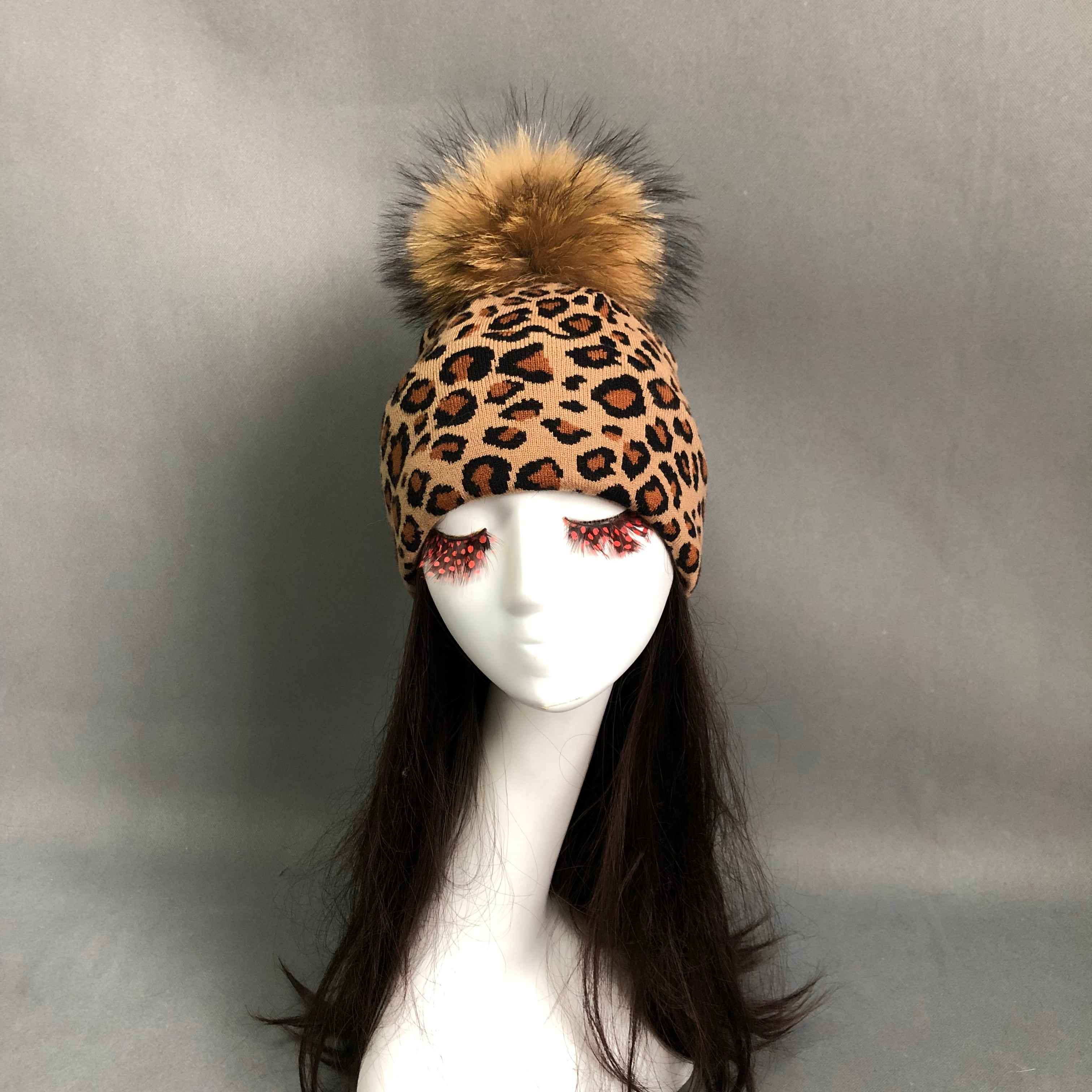 Janefur Fashion Classic Women's Leopard Print Acrylic Beanie Hat With Real Raccoon Fur Pom Pom #1 Brown Adult