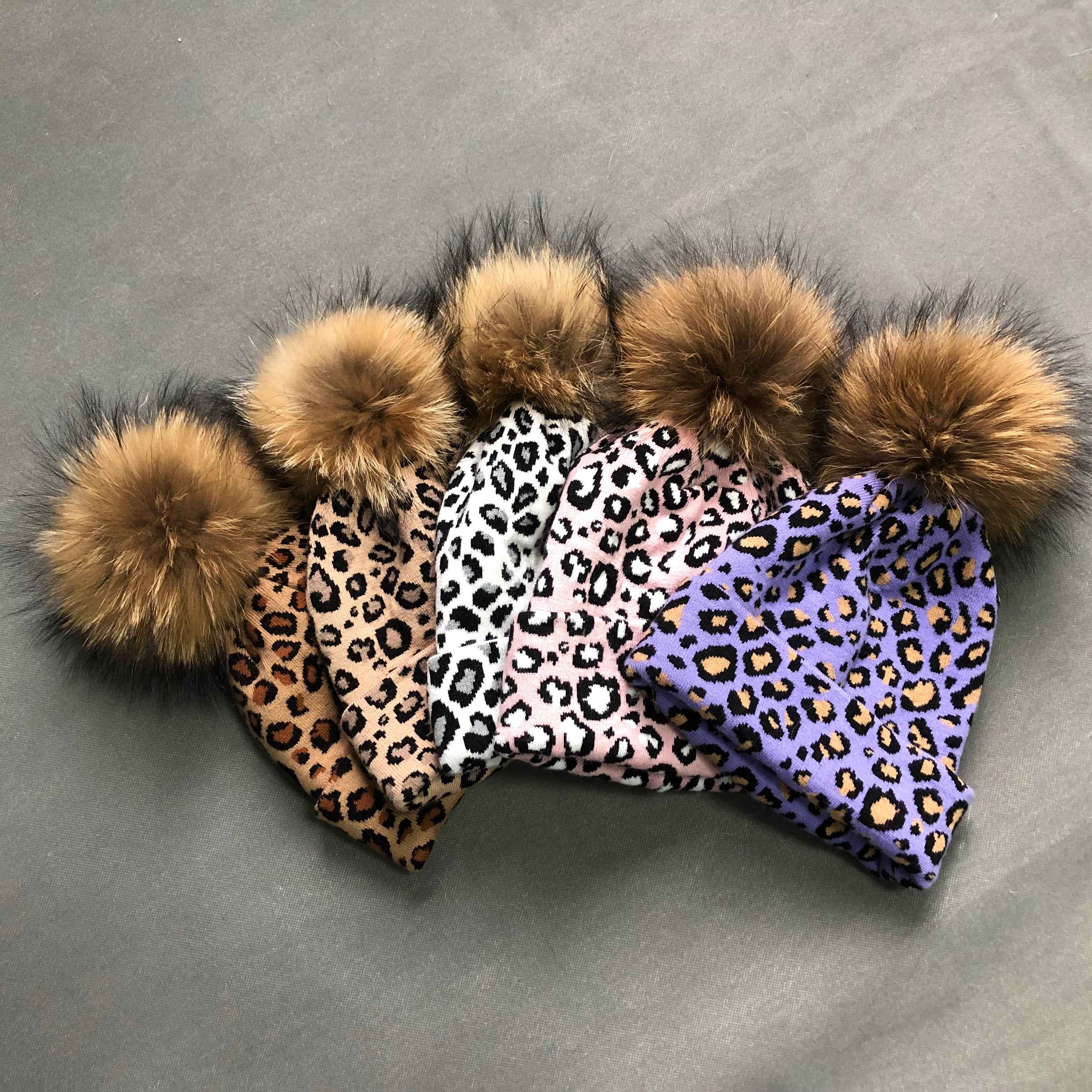 Janefur Fashion Classic Women's Leopard Print Acrylic Beanie Hat With Real Raccoon Fur Pom Pom