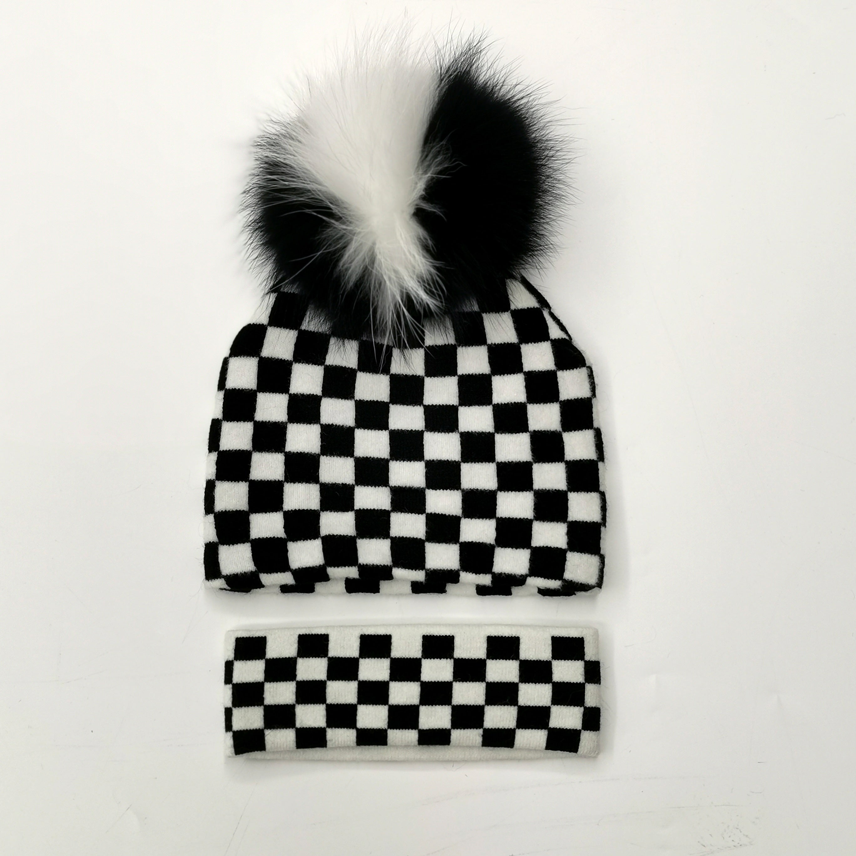 Ladies Fashionable Real Raccoon Fur Pom Pom Black and White Acrylic Beanie Hat #1 Cube Pattern Adult