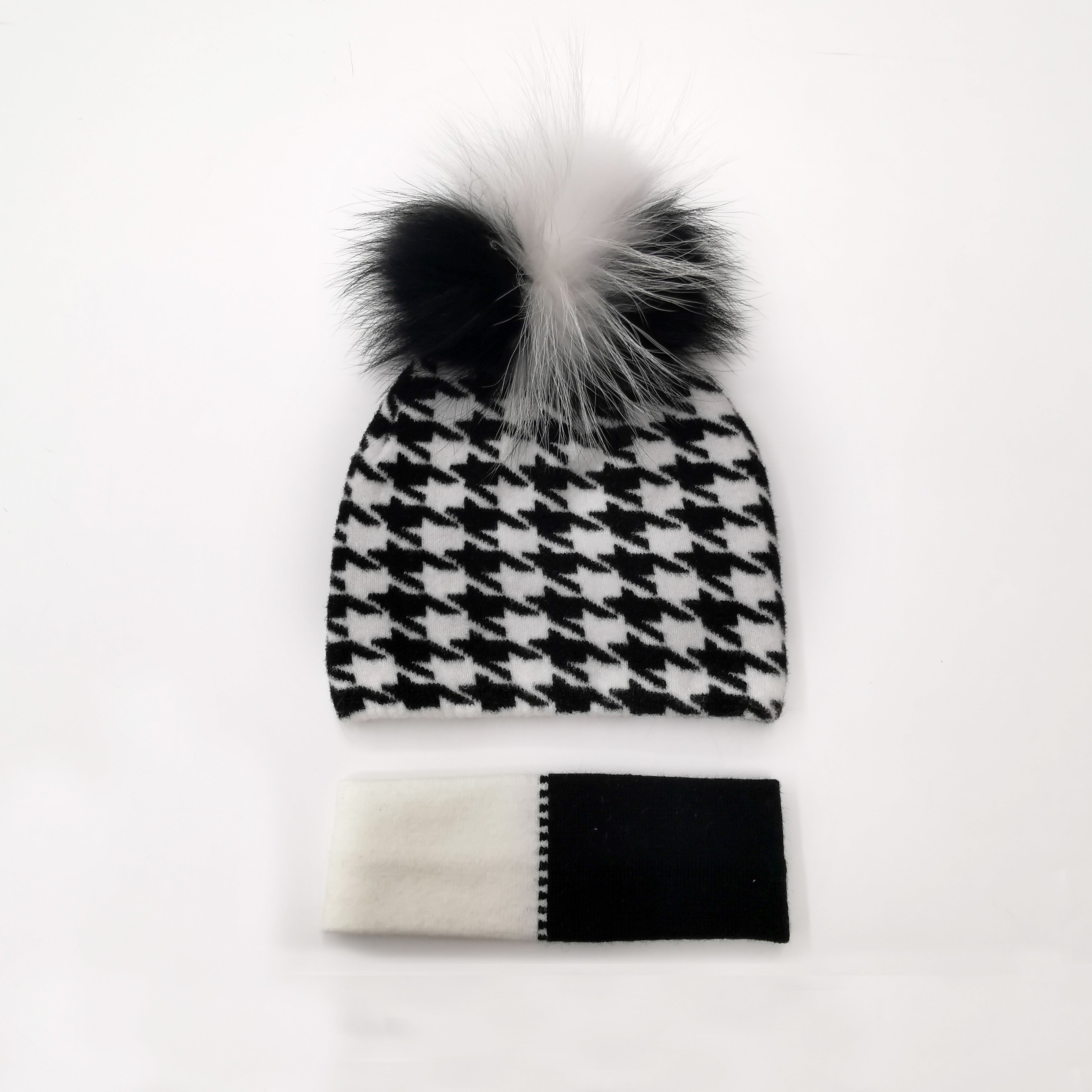 Ladies Fashionable Real Raccoon Fur Pom Pom Black and White Acrylic Beanie Hat #2 Houndstooth Pattern Adult