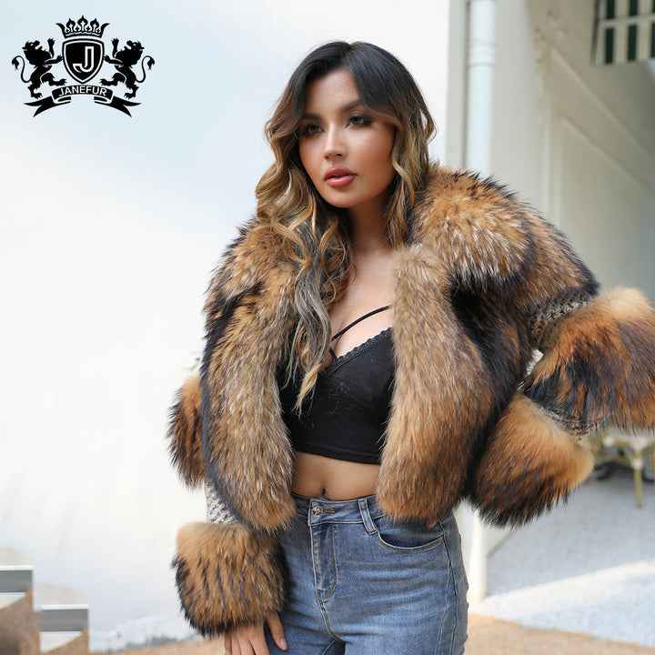 JANEFUR Luxury Wool Coat with Natural Raccoon Fur Trim - Stylish Cropped Jacket for Women (UK) - Janefur