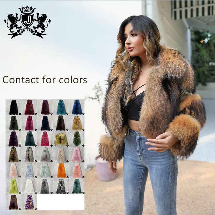 JANEFUR Luxury Wool Coat with Natural Raccoon Fur Trim - Stylish Cropped Jacket for Women (UK) - Janefur