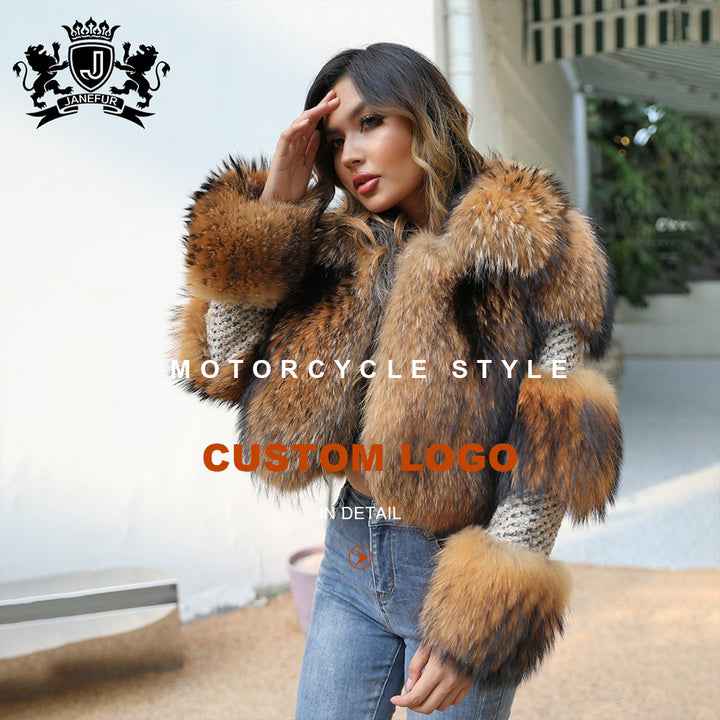 JANEFUR Luxury Wool Coat with Natural Raccoon Fur Trim - Stylish Cropped Jacket for Women (UK) - Janefur
