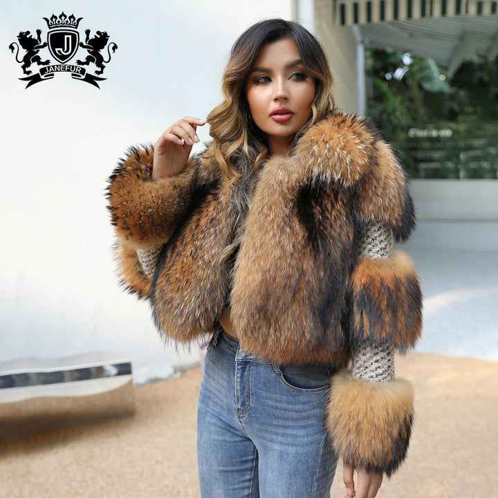 JANEFUR Luxury Wool Coat with Natural Raccoon Fur Trim - Stylish Cropped Jacket for Women (UK) - Janefur
