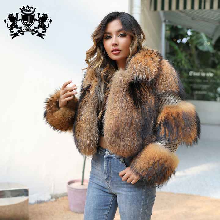 JANEFUR Luxury Wool Coat with Natural Raccoon Fur Trim - Stylish Cropped Jacket for Women (UK) - Janefur